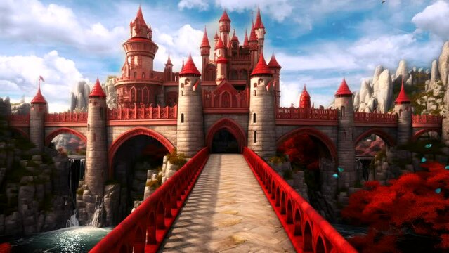 palace with  bridge and river, beautiful castle blue sky, video background looping 4k for live wallpaper