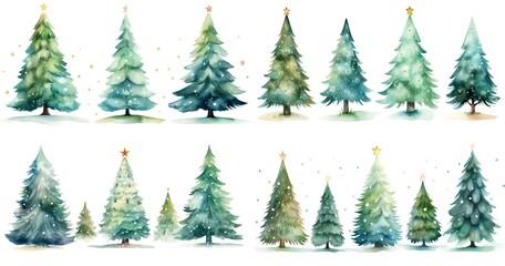 watercolor style cartoon illustration of boho style cute Christmas tree, isolated on white background, collection set, Generative Ai