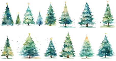 Obraz premium watercolor style cartoon illustration of boho style cute Christmas tree, isolated on white background, collection set, Generative Ai
