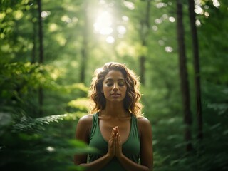 Woman meditating in a forest