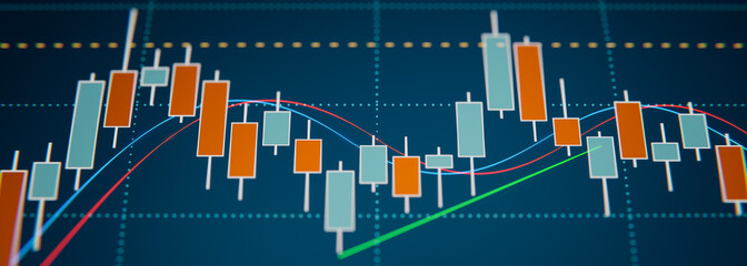 Close-up candle stick chart. Stock market and exchange screen with graph and trend line, moving averages. Business, trading, growth, investment, profit, banking concept.