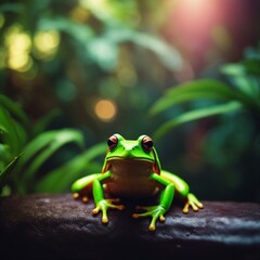 Fototapeta premium Green tree frog perched on a branch in a tropical rainforest setting.