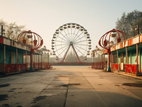Aerial shot of an abandoned amusement park, devoid of visitors, showcasing eeriness and desolation.