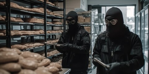hooded men with weapons in the warehouse of a bakery - obrazy, fototapety, plakaty
