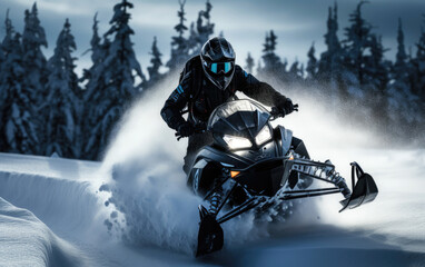 Fototapeta na wymiar Adventurous snowmobiling rides through snowy terrain