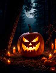 halloween pumpkin on a dark forest background