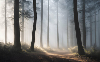 Serene morning in a foggy forest