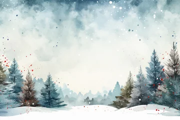 Rolgordijnen Winter forest with christmas trees. winter landscape background with snow. christmas card. illustration. © Synthetica