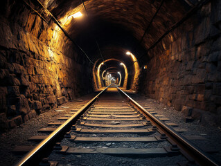 Fototapeta na wymiar A mesmerizing shot of a train approaching a tunnel, vanishing as it enters the darkness.