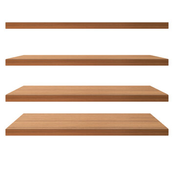 Collection of wooden shelves on white background