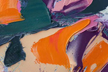Closeup of abstract rough colorful art painting texture, with oil brushstroke, pallet knife paint on canvas, complementary colors.