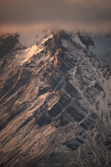 Details of one of the mountains of Torres del Paine at sunset.