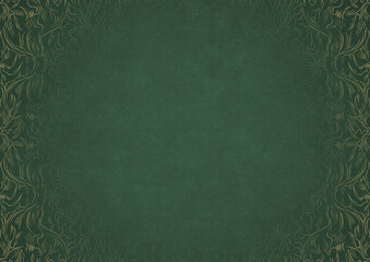 Warm green textured paper with vignette of golden hand-drawn pattern. Copy space. Digital artwork, A4. (pattern: p11-1b)