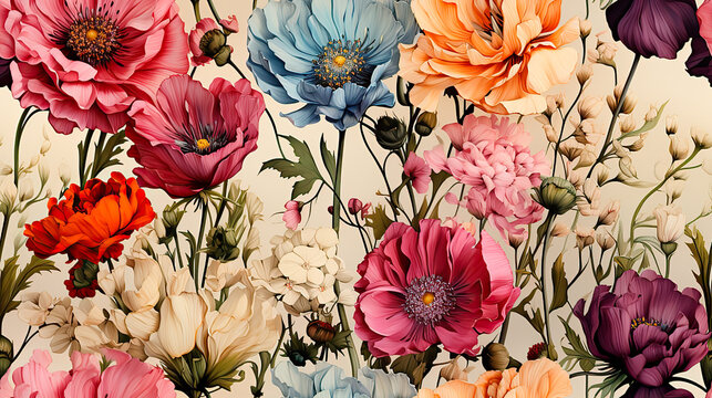 Fototapeta Seamless pattern with colorful wild flowers on white background.