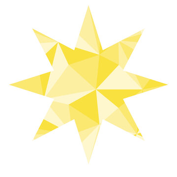 Simple eight pointed yellow star with abstract triangle pattern inside, vector