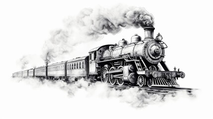 sketch of a moving retro train with smoke. Hand-drawn transportation in the classic locomotive engraving style - obrazy, fototapety, plakaty
