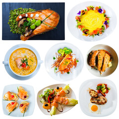 Collage of different tempting dishes cooked with salmon isolated on white background..