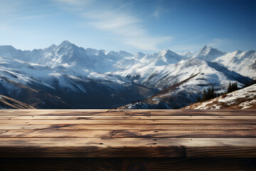 wooden table with snow covered mountains in the background for product display, whistlerian, dark amber and sky-blue, contest winner