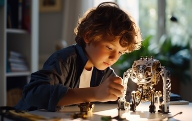 A boy repairing a toy robot - obrazy, fototapety, plakaty