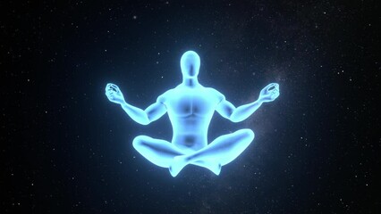 Expanded human energy field. Man meditating in lotus position connecting with cosmic universal consciousness.A state of trance and deep meditation. Enlightenment  and kundalini awakening, Nirvana