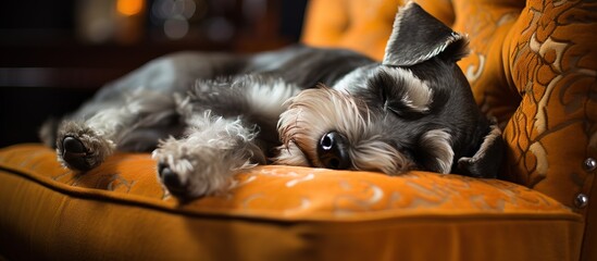 Small schnauzer snoozing on armchair