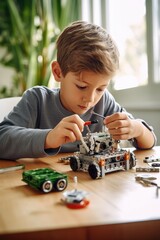 A boy repairing a toy robot