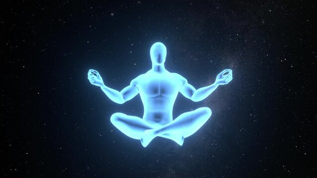 Expanded human energy field. Man meditating in lotus position connecting with cosmic universal consciousness.A state of trance and deep meditation. Enlightenment  and kundalini awakening, Nirvana