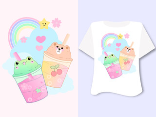 Kawaii sweet animal cute bears frog bubble tea on white background for t shirt . Inspirational quote card, invitation, banner, lettering, poster. Cartoon character happy fun tee graphic hand draw