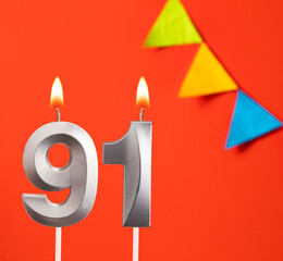 Birthday card - Number 91 candle in orange background