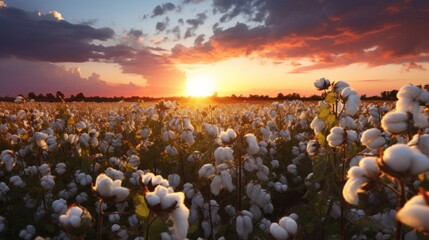 sunset sunrise over a cotton field. beautiful scenic view. 16:9 wallpaper background. Generative AI - obrazy, fototapety, plakaty