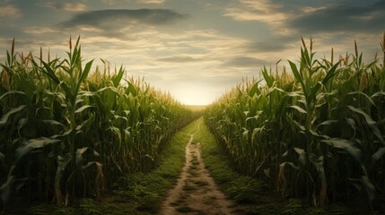 beautiful scenic view on field of corn. high grass plants and crops. blue sky in the background. 16:9 wallpaper. Generative AI - obrazy, fototapety, plakaty