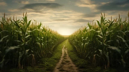 Foto op Plexiglas beautiful scenic view on field of corn. high grass plants and crops. blue sky in the background. 16:9 wallpaper. Generative AI © SayLi
