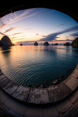 paradise island at night, pool at night, sea at night,  with wooden cabins