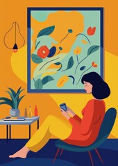 Woman in modern casual fashion drinking a tea or coffee cup, in a ambient plantfilled indoor space — Gouache paint flat illustration style, modern color — space for logo and text, graphic design ready