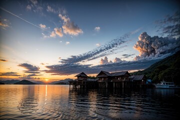Fototapeta premium paradise island at night, pool at night, sea at night, with wooden cabins