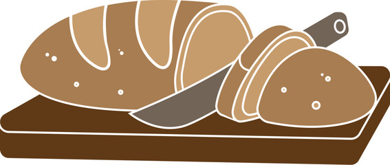 Cartoon Illustration Vector Of A Loaf of Bread Being Sliced with Kitchen Knife on Chopping Board