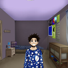  Illustration of boy in bedroom with night view