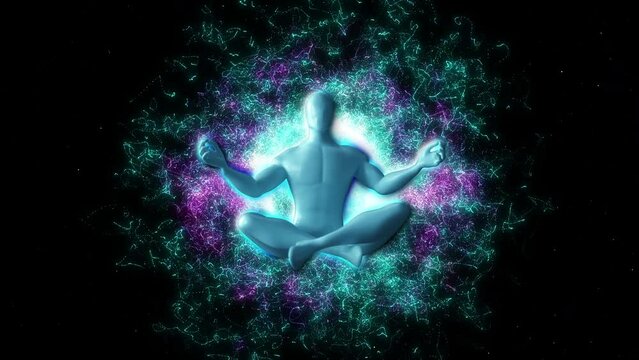 Human energy field, expanded consciousness. Man in  meditation pose wrapped in a bright colorful sphere of positive energy or aura light. Good vibes, Enlightenment and kundalini awakening