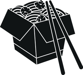 Cartoon Black and White Illustration Vector Of A Fast Food Takeaway Box of Noodles with Chopsticks