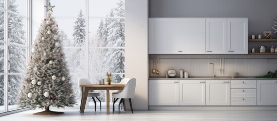 Stylish kitchen with white counters small Christmas tree and folding screen