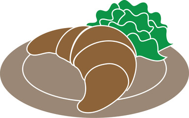 Cartoon Illustration Vector Of A Breakfast Pastry Croissant on A Plate with Lettuce