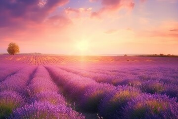 Lavender fields at sunset in vibrant color
