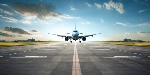 Fototapeta na wymiar An airport runway with an aircraft landing