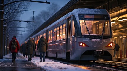 Fototapeta premium train or tram in the station, commute in the city, during winter, with snow, and people with warm clothes and hats on,