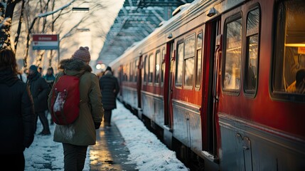 train or tram in the city, people waiting, at the station, winter,  snow, everyone wearing warm clothes and hats