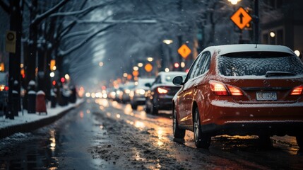 Traffic and snow, city at night, urban life, winter, evening traffic scene on a snowy city street, with cars' headlights reflecting off the wet road, adding warmth to the cold, wintry atmosphere. - obrazy, fototapety, plakaty