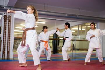 Fototapeta na wymiar Serious girl practicing taekwondo movements in the gym
