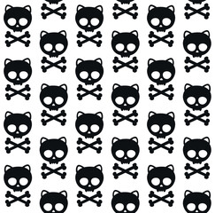Vector seamless pattern of hand drawn flat cat skull with crossed bones silhouette isolated on white background