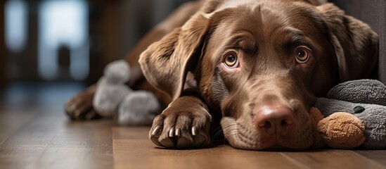 Soft focused background brown adult labrador retriever lying on the floor chewing plush toy