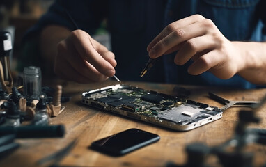 A man repairing a mobile phone on a wooden table